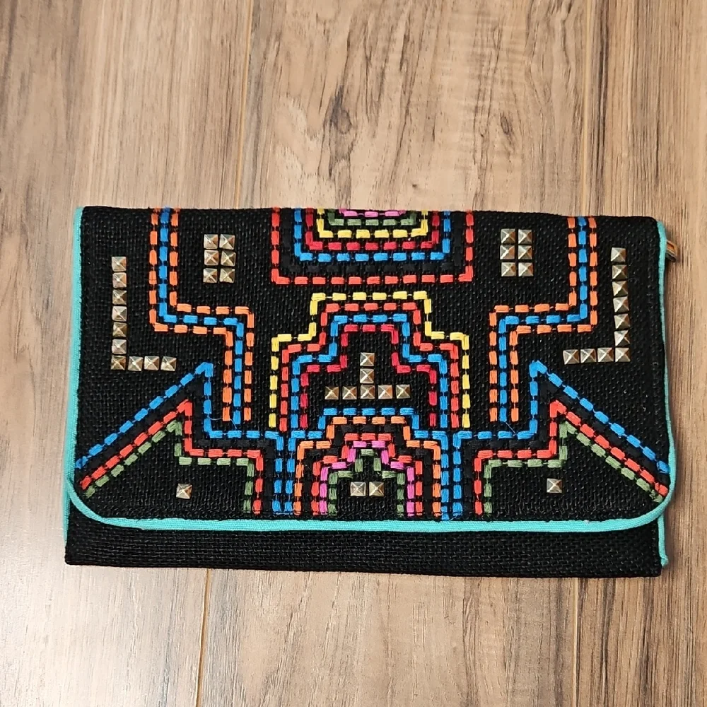 3AM Forever Women's Envelope Black Beaded Clutch with Multicolor Embroiderey